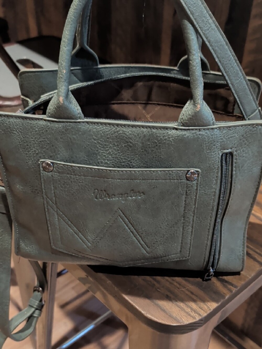Wrangler Teal Embossed Satchel with Contrast Stitching - Picture 3 of 4